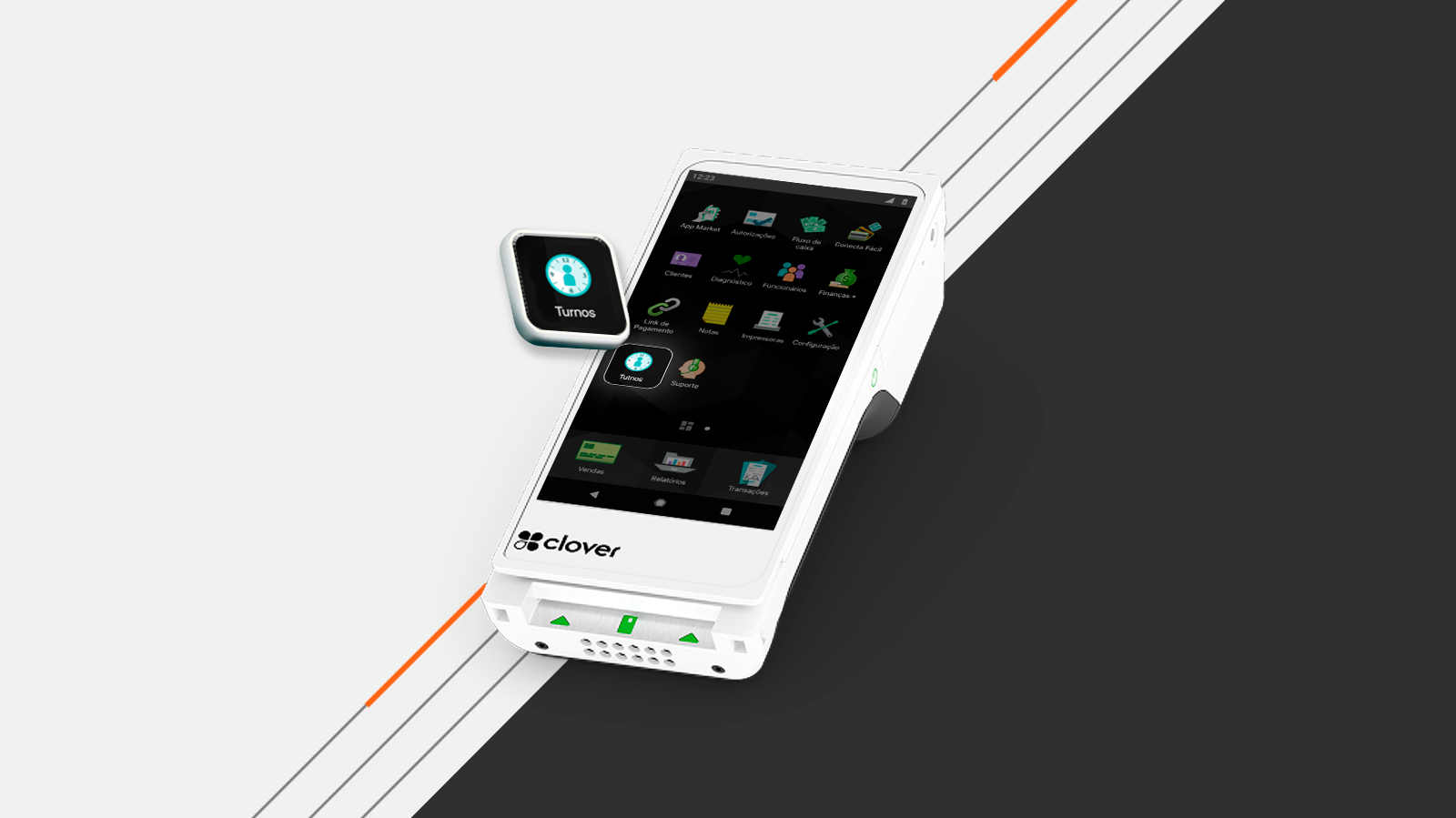 Display com tema Bin e dispositivo Clover Flex com destaque para o ícone do app Turnos