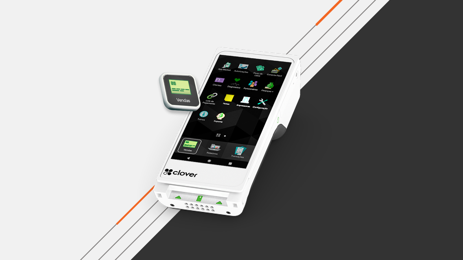 Display com o tema Bin, com o aplicativo Vendas aberto no dispositivo Clover Flex 