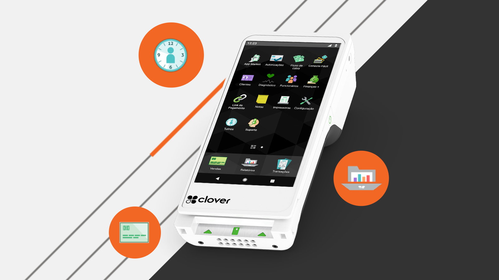 Terminal Clover Flex com destaque para apps gratuitos e nativos.