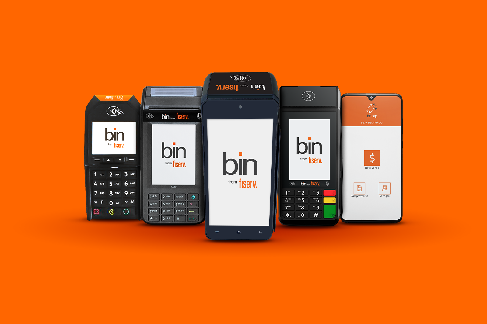 Imagem mostra todas as máquinas Bin, como Bin Smart e Bin Tap, uma ao lado da outra em um fundo laranja