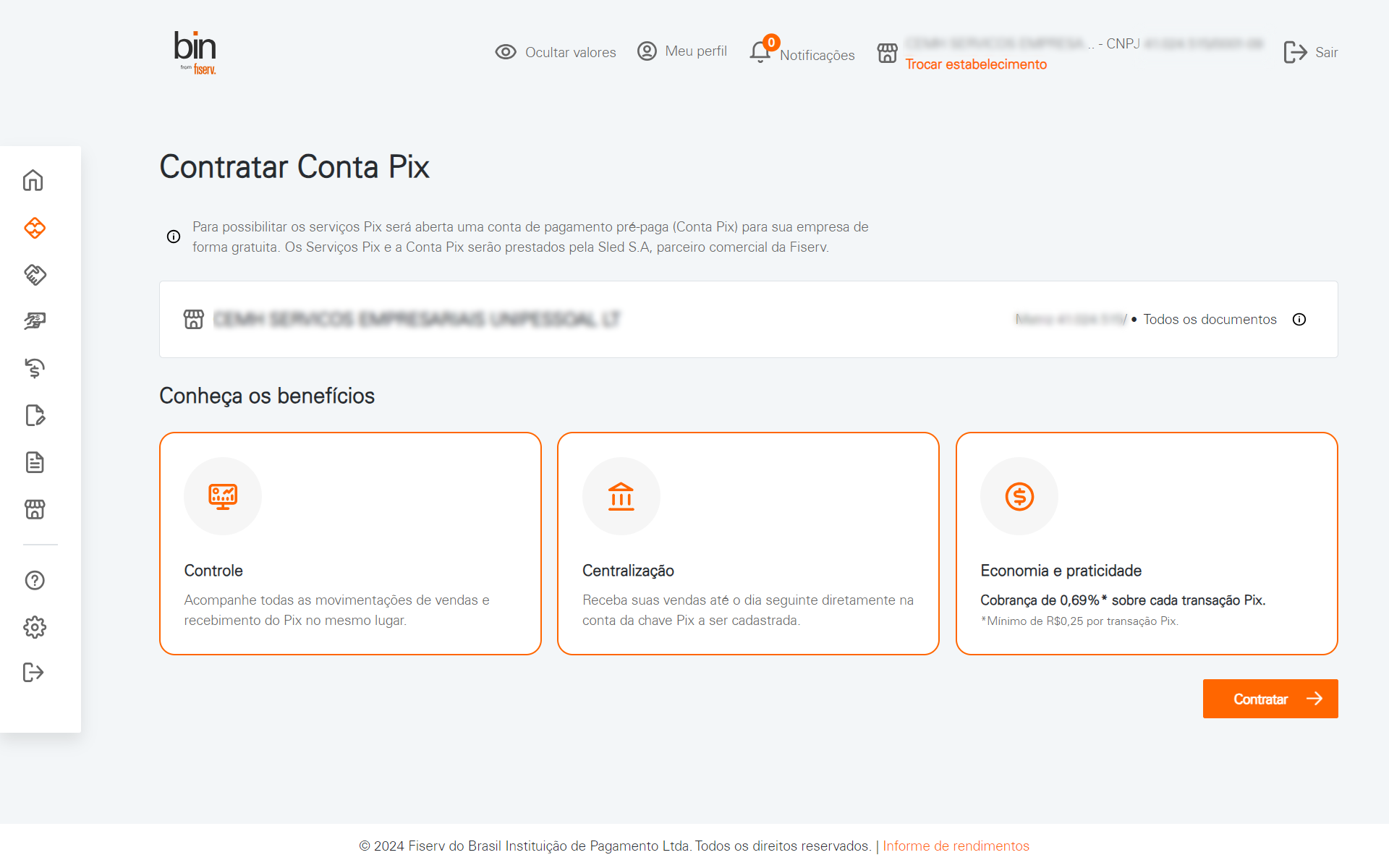 No Portal do Cliente, clique sobre o ícone do Pix no menu lateral esquerdo, na sequência clique sobre o botão "Contratar" no canto inferior direito 