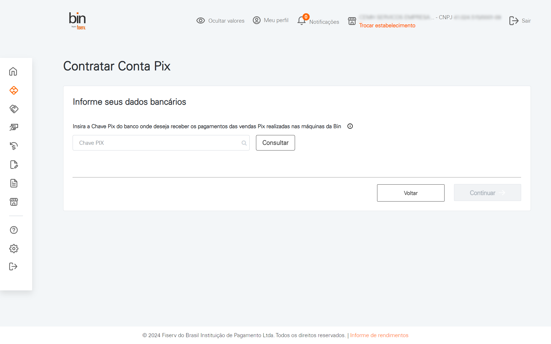 Na tela  "Contratar Conta Pix" informe a chave Pix onde deseja receber os pagamentos
