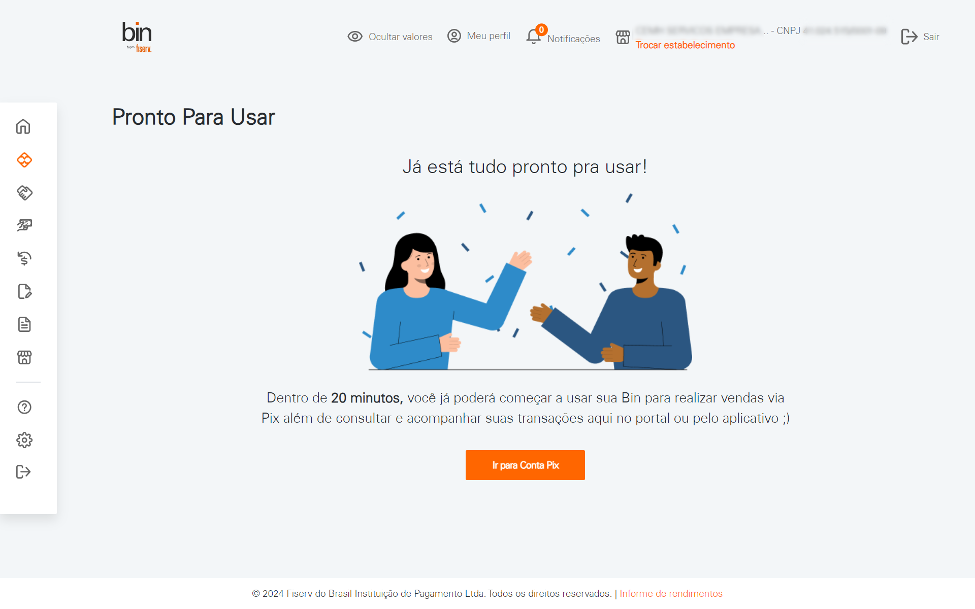 Sucesso! A sua Conta Pix da Fiserv está ativa para uso